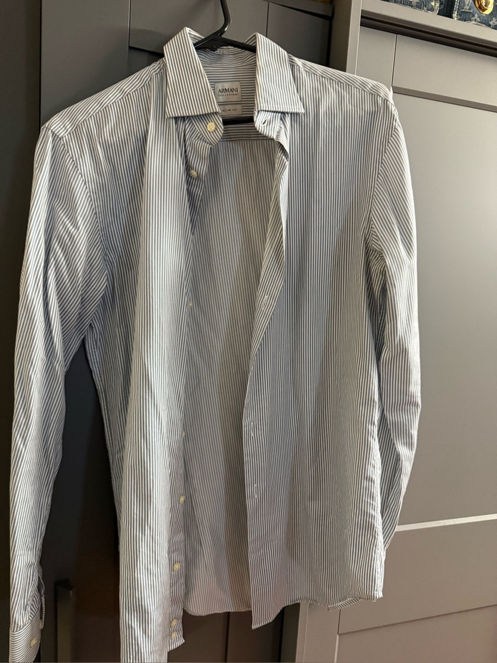 Giorgio Armani Men’s Blue and White Pinstripe Dress Shirt